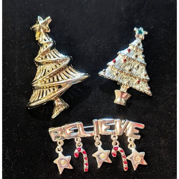 Jewelry - Vintage Christmas Holiday Brooch Pin Lot Of 3 Christmas Tree Believe Festive
